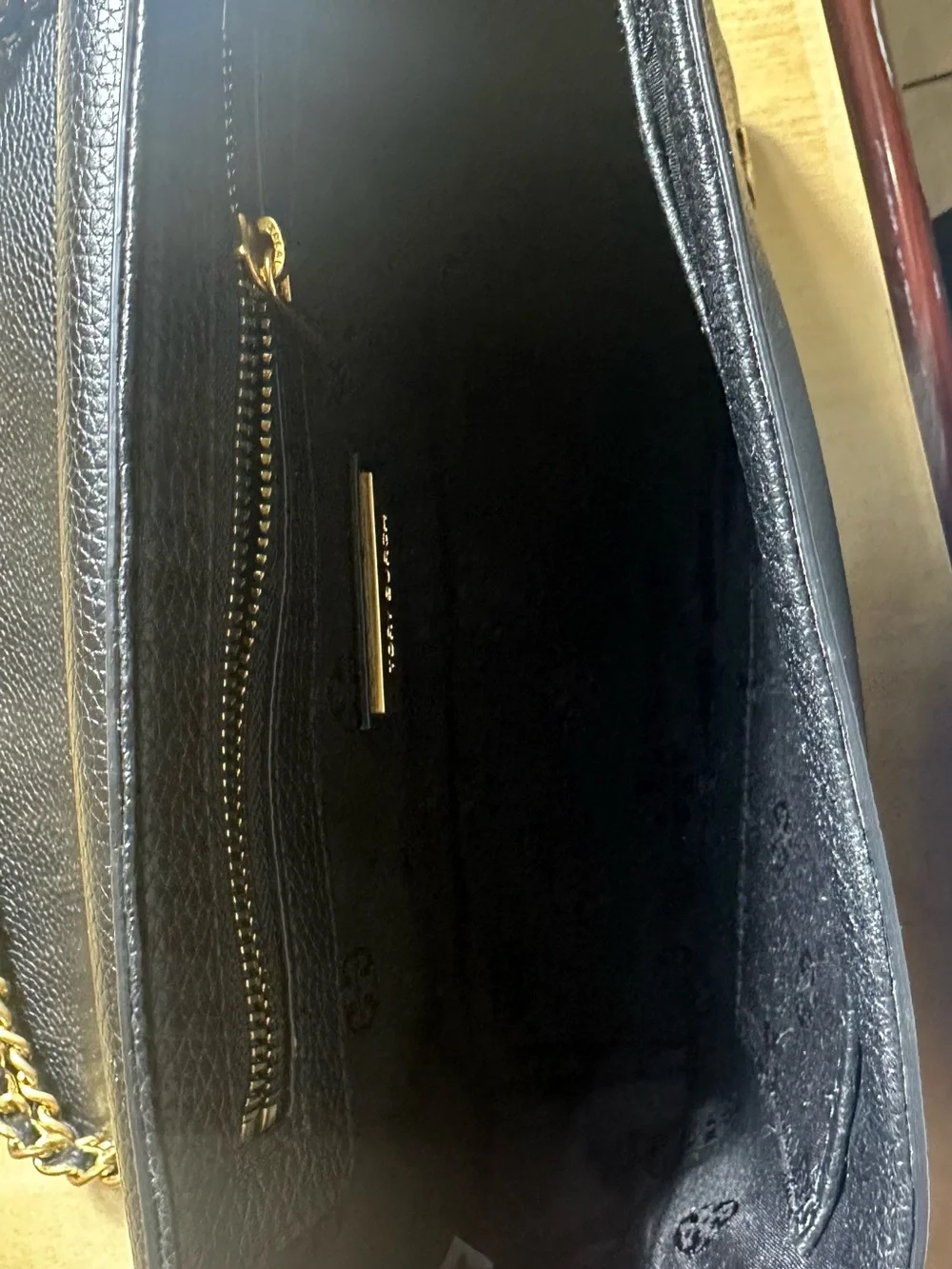 Tory Burch Black Pebbled Leather Shoulder Bag with Gold Chain